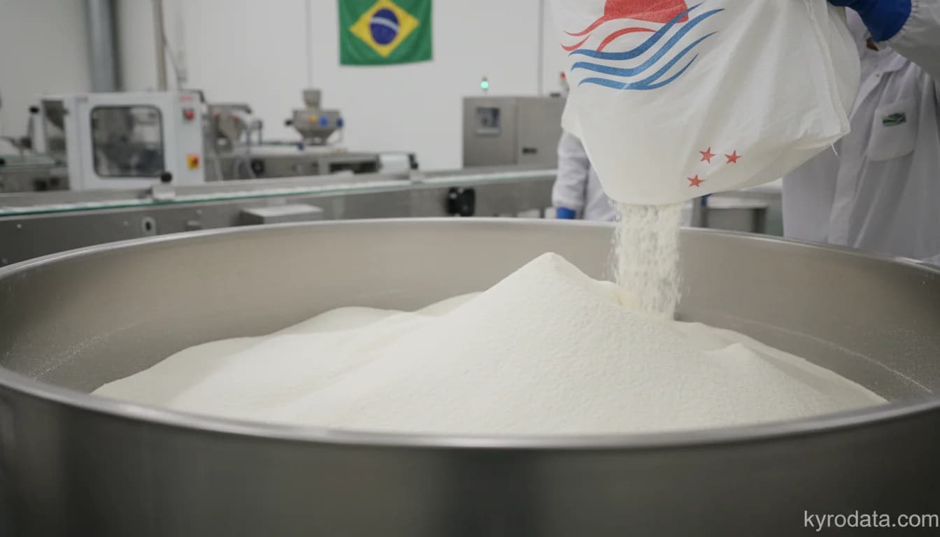 Editorial illustration on Brazil's exports of Whey, whether or not concentrated or containing added sugar or other sweetening matter; products consisting of natural milk constituents, whether or not containing added sugar or other sweetening matter, not elsewhere specified or included with China