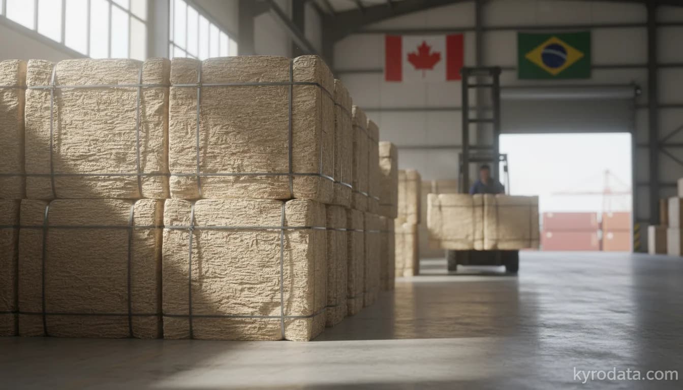 Editorial illustration on Brazil's exports of Pastas químicas de madeira, à soda ou ao sulfato, exceto pastas para dissolução with Canadá