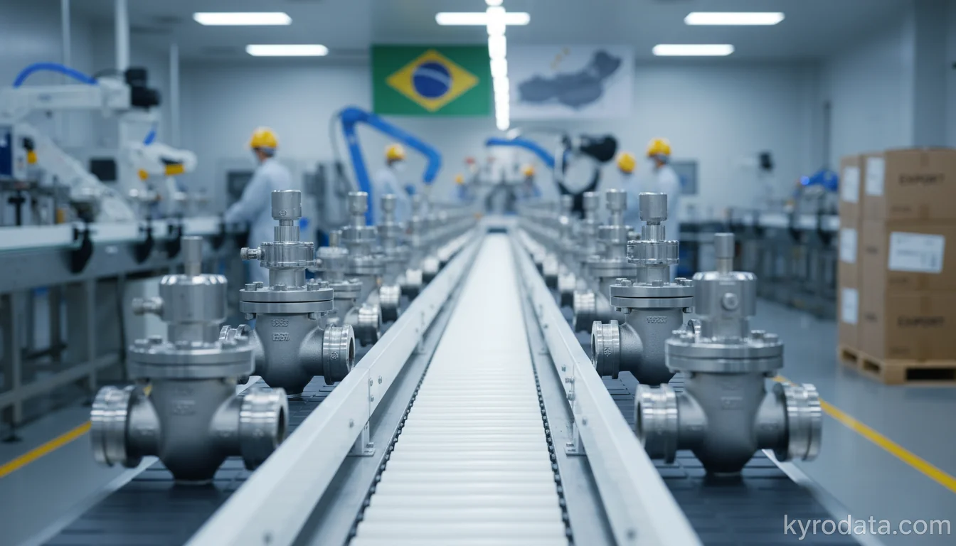 Editorial illustration on Brazil's exports of Torneiras, válvulas (incluídas as redutoras de pressão e as termostáticas) e dispositivos semelhantes, para canalizações, caldeiras, reservatórios, cubas e outros recipientes with China