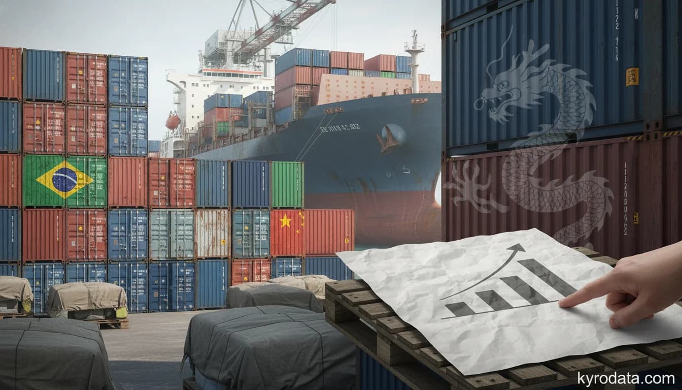 Editorial illustration on Brazil's exports of Barras e perfis de aço inoxidável with China