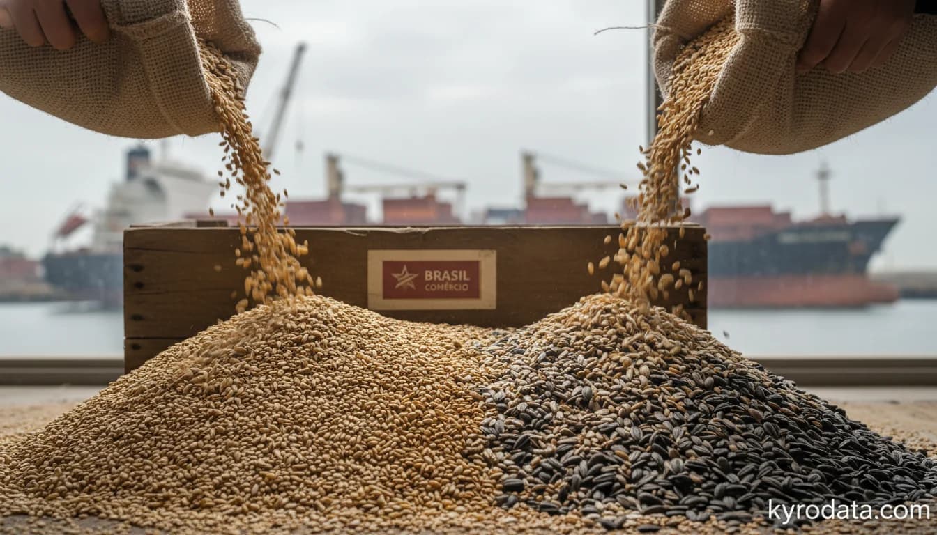 Editorial illustration on Brazil's exports of Outras sementes e frutos oleaginosos, mesmo triturados with China