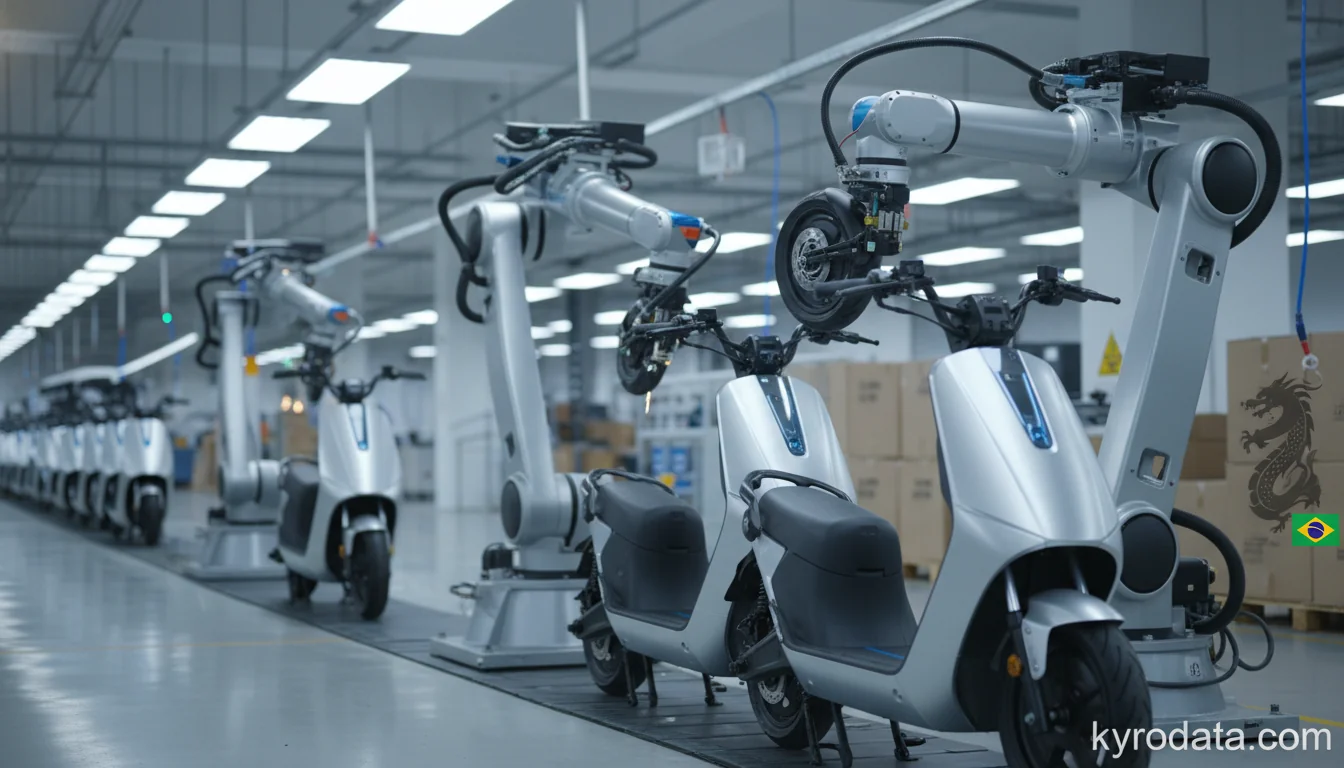 Editorial illustration on Brazil's imports of Motocicletas (incluídos os ciclomotores) e outros ciclos equipados com motor auxiliar, mesmo com carro lateral; carros laterais with China