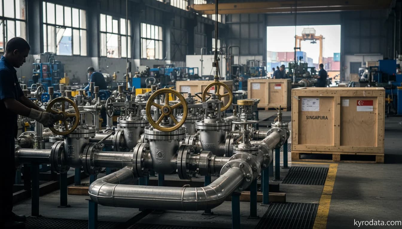Editorial illustration on Brazil's exports of Taps, cocks, valves and similar appliances for pipes, boiler shells, tanks, vats or the like, including pressure-reducing valves and thermostatically controlled valves with Singapura