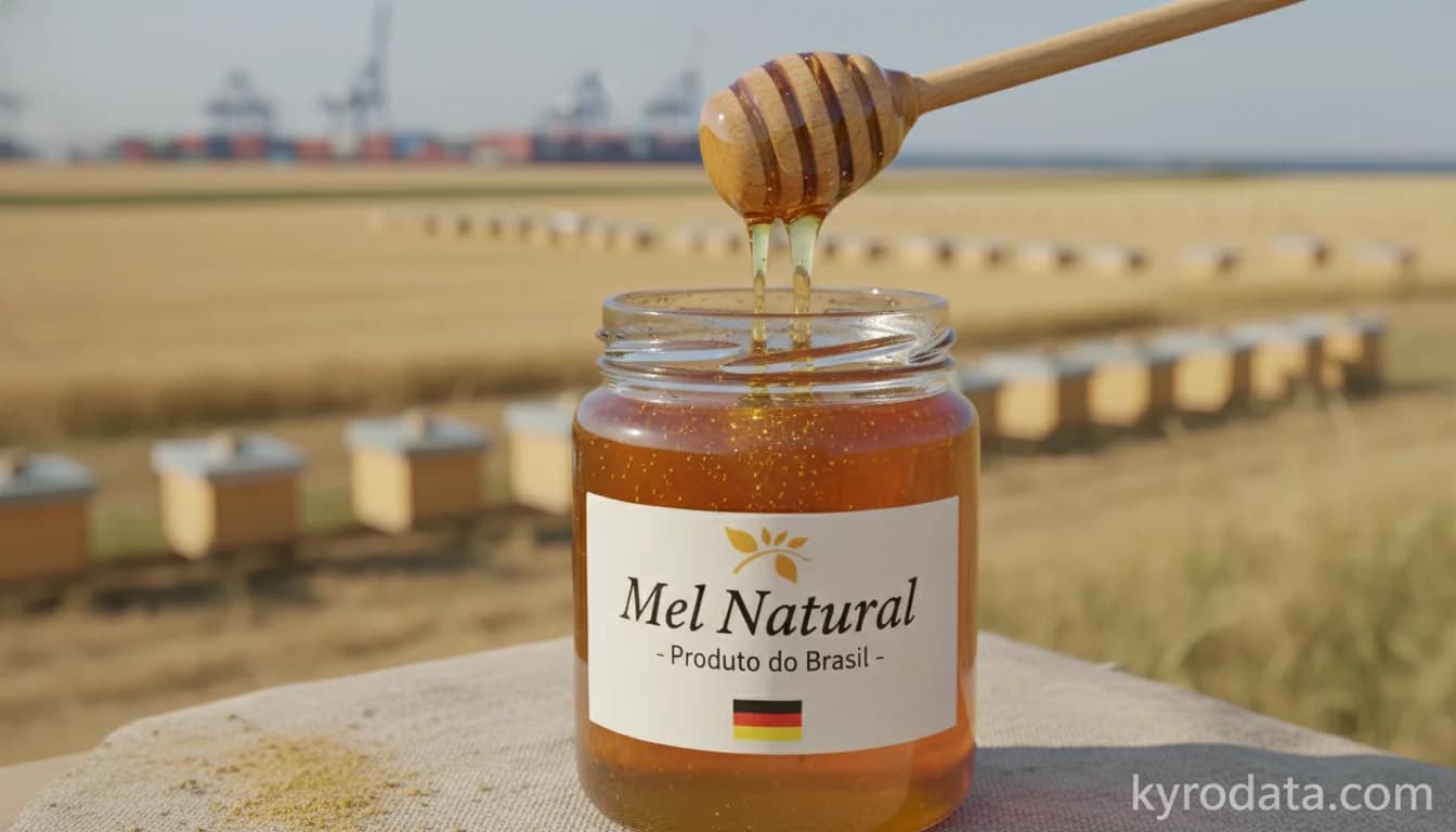 Ilustración editorial sobre exportación brasileña de Miel natural con Alemanha