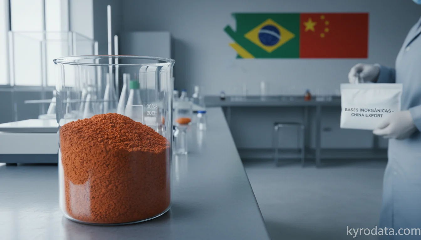 Editorial illustration on Brazil's exports of Hidrazina e hidroxilamina, e seus sais inorgânicos; outras bases inorgânicas; outros óxidos, hidróxidos e peróxidos, de metais with China