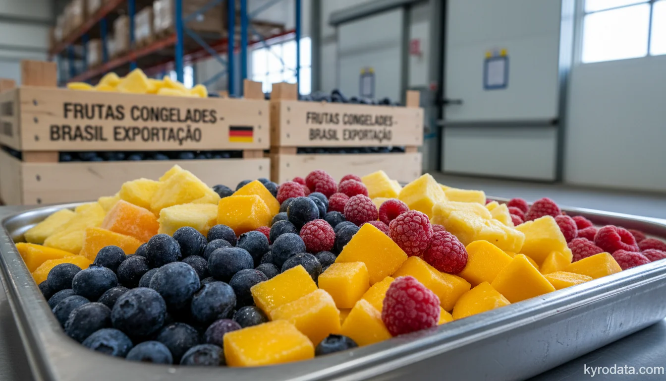 Editorial illustration on Brazil's exports of Fruit and nuts, uncooked or cooked by steaming or boiling in water, frozen, whether or not containing added sugar or other sweetening matter with Alemanha