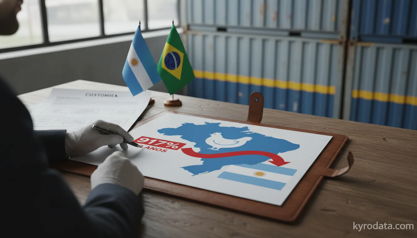 Editorial illustration on Brazil's exports of Carnes e miudezas comestíveis, frescas, refrigeradas ou congeladas, das aves da posição 0105 with Argentina