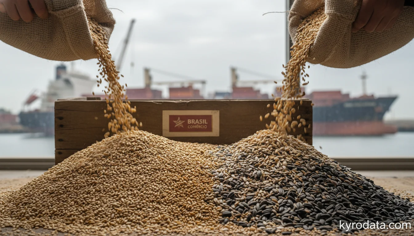 Editorial illustration on Brazil's exports of Outras sementes e frutos oleaginosos, mesmo triturados with China