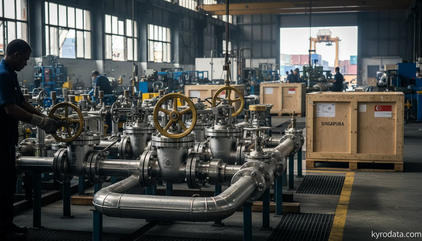 Editorial illustration on Brazil's exports of Taps, cocks, valves and similar appliances for pipes, boiler shells, tanks, vats or the like, including pressure-reducing valves and thermostatically controlled valves with Singapura