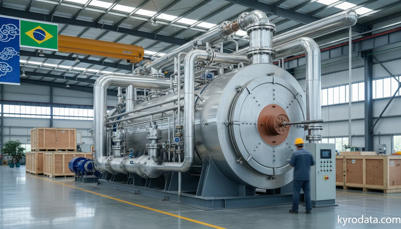 Editorial illustration on Brazil's imports of Steam or other vapour generating boilers (other than central heating hot water boilers capable also of producing low pressure steam); super-heated water boilers with China