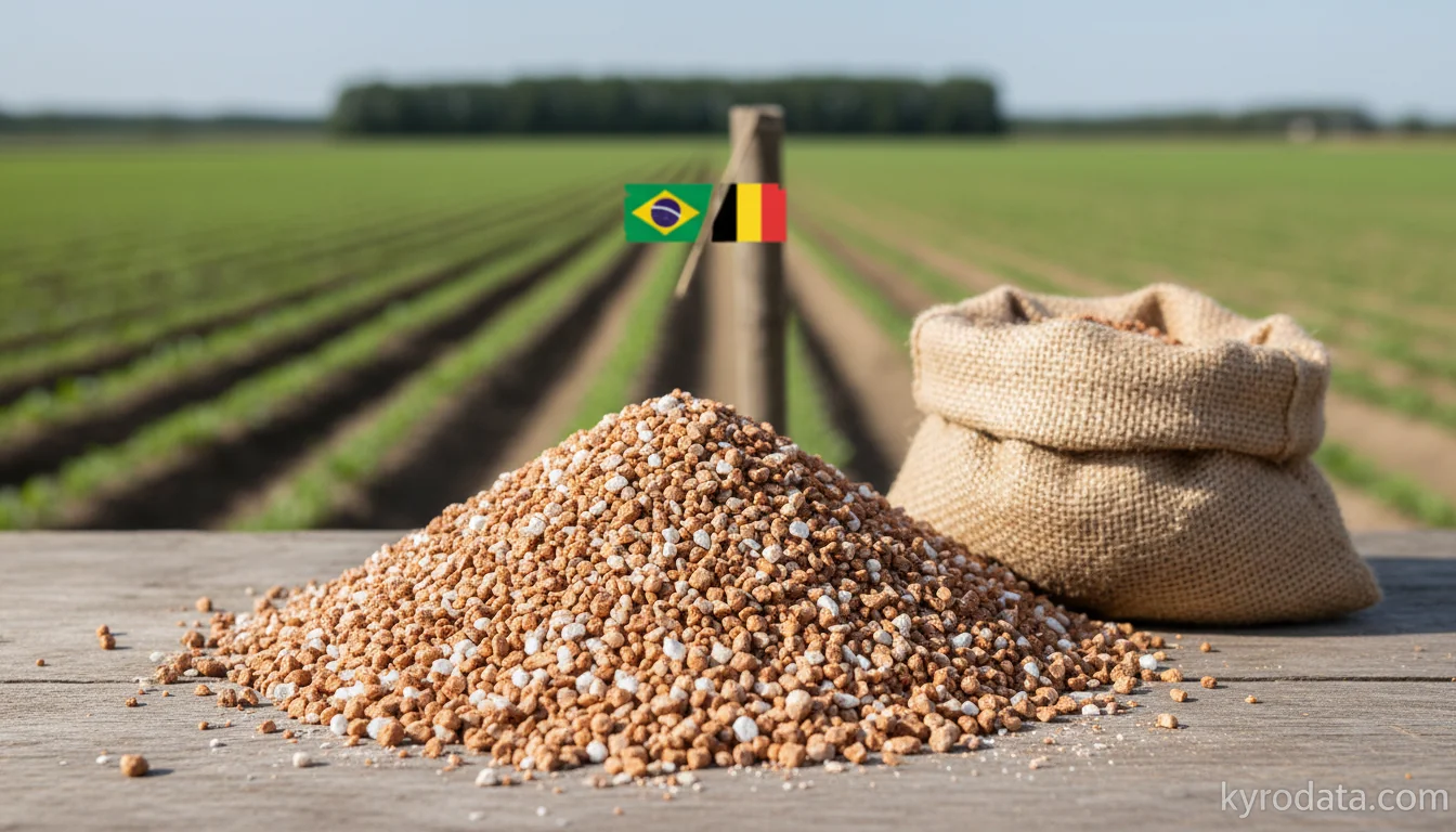 Editorial illustration on Brazil's imports of Adubos (fertilizantes) minerais ou químicos, potássicos with Bélgica