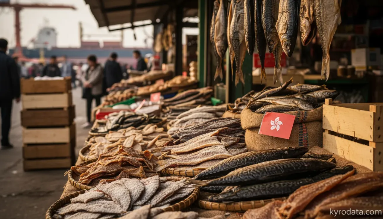 Editorial illustration on Brazil's exports of Fish, dried, salted or in brine; smoked fish, whether or not cooked before or during the smoking process; flours, meals and pellets of fish, fit for human consumption with Hong Kong