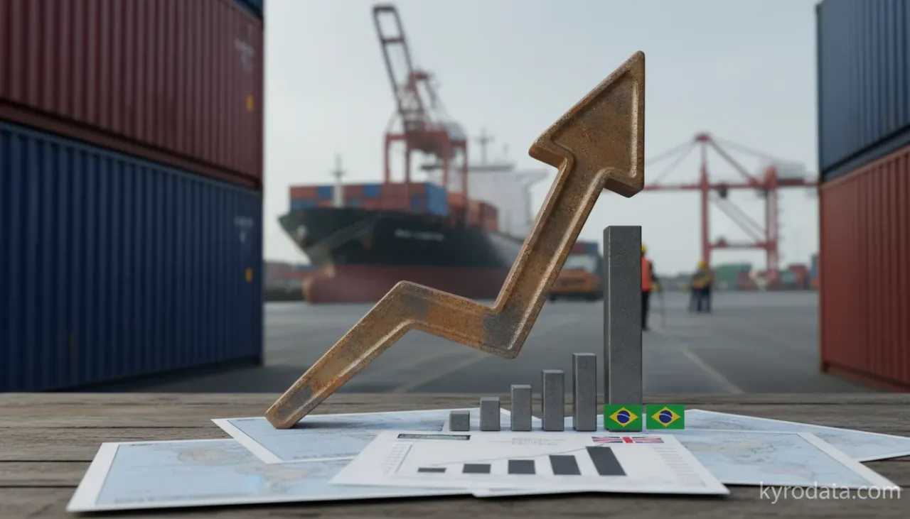 Editorial illustration on Brazil's exports of Outras ligas de aço, em lingotes ou outras formas primárias; produtos semimanufacturados, de outras ligas de aço with Reino Unido
